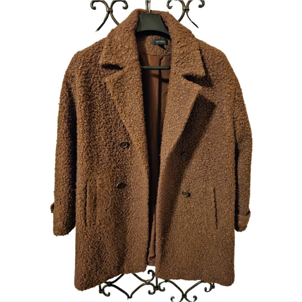 HALOGEN‎ Shearling Teddy Double Breasted Coat Brown- Size Large